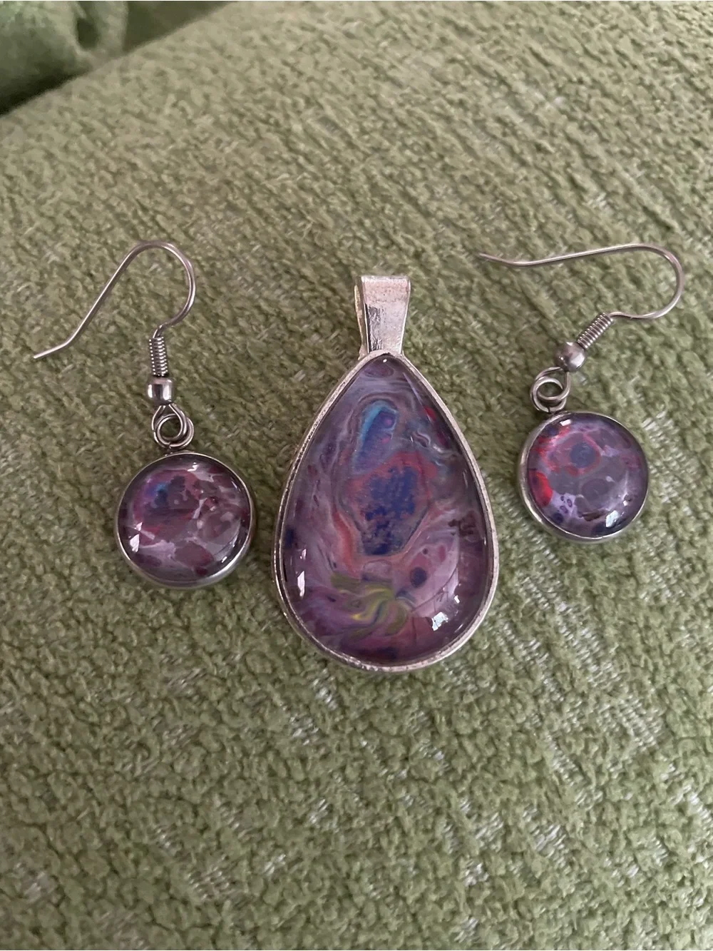 Handcrafted Teardrop Pendant & Earrings Set in Purple and Multicolor by me.